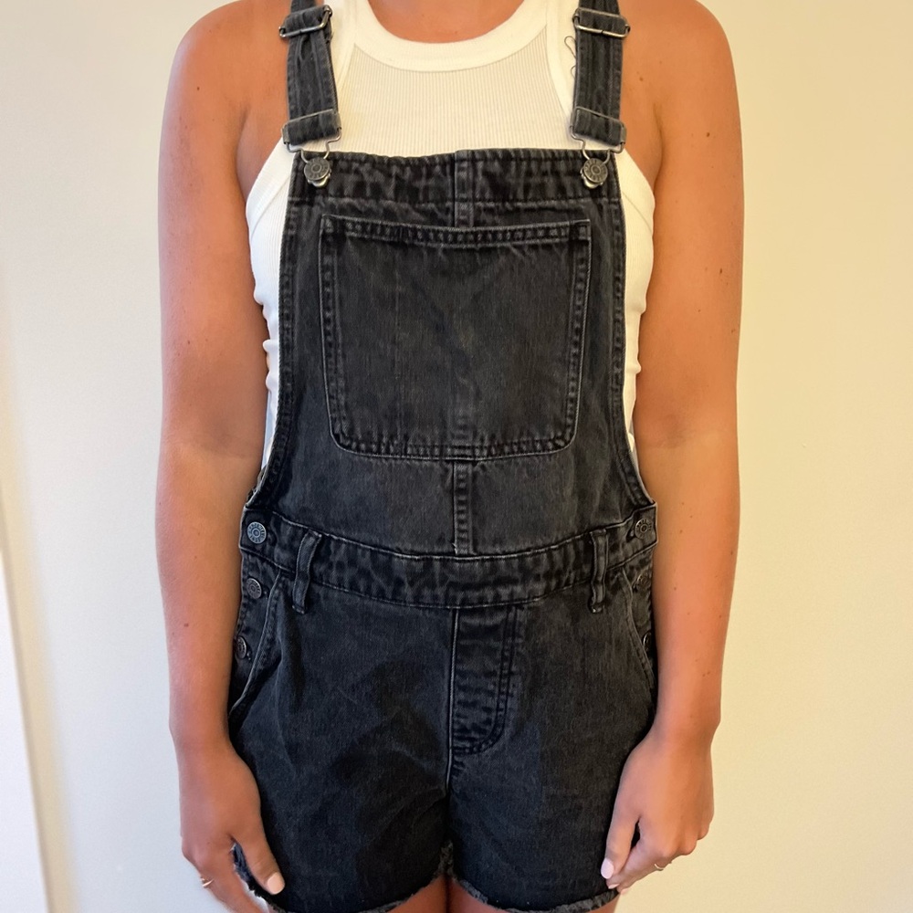 Black wash denim overalls